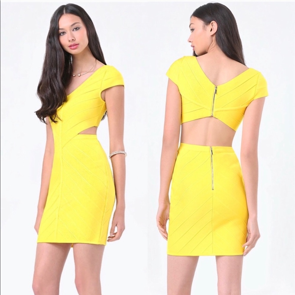 BEBE Buttercup BANDAGE CUTOUT MYA MITRED DRESS